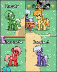 Size: 576x716 | Tagged: safe, derpibooru exclusive, imported from derpibooru, oc, oc only, oc:comment, oc:downvote, oc:favourite, oc:upvote, alicorn, earth pony, pegasus, pony, unicorn, derpibooru, pony town, derpibooru ponified, female, mare, meta, open mouth, pixel art, ponified, screenshots, smiling, wings