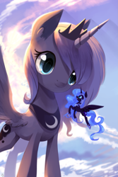 Size: 1069x1600 | Tagged: dead source, safe, artist:gianghanz, imported from derpibooru, nightmare moon, princess luna, alicorn, pony, duality, duo, female, giant pony, macro, mare, s1 luna, size difference, sky background