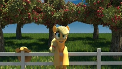 Size: 1920x1080 | Tagged: safe, artist:jonlo84, imported from derpibooru, applejack, earth pony, pony, 3d, apple tree, female, fence, solo, sweet apple acres, tree