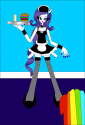 Size: 1573x2312 | Tagged: safe, artist:dykroon-chan, imported from derpibooru, rarity, equestria girls, 1000 hours in ms paint, apron, burger, clothes, female, fishnets, food, hamburger, maid, maid headdress, ms paint, nail polish, ponied up, solo, stockings, thigh highs, tray