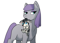 Size: 1024x745 | Tagged: safe, artist:delarune, deleted from derpibooru, imported from derpibooru, maud pie, dog, earth pony, pony, female, mare, mouth hold, puppy, simple background, solo, white background