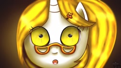 Size: 1024x576 | Tagged: safe, artist:blinkingpink, imported from derpibooru, oc, oc only, oc:helia, alicorn, pony, unicorn, fanfic:past sins, fanfic:primordial crimes (project helia), bust, eye reflection, fanfic, fanfic art, glasses, hairclip, open mouth, portrait, primordial crimes (project helia), reflection, solo