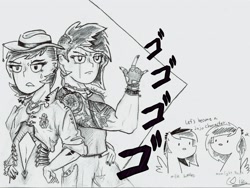 Size: 3291x2474 | Tagged: safe, artist:potatobug, derpibooru exclusive, imported from derpibooru, oc, oc only, oc:milk bottles, oc:moonlight brush, human, concerned, hat, humanized, jojo pose, jojo's bizarre adventure, monochrome, request, requested art, tattoo, tiny ponies, traditional art