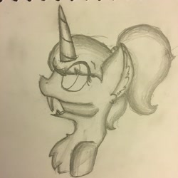 Size: 3024x3024 | Tagged: safe, artist:mlpcreationist, imported from derpibooru, oc, oc only, oc:emerald rose, changeling, changeling queen, bust, changeling oc, changeling queen oc, female, mandibles, monochrome, ponytail, portrait, shading, shading practice, solo, traditional art