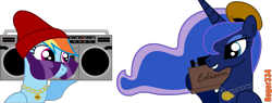 Size: 3039x1155 | Tagged: safe, artist:roger334, imported from derpibooru, princess luna, rainbow dash, pony, beanie, boombox, hat, paperclip, phonograph, rap, rapping, simple background, sunglasses, transparent background, vector