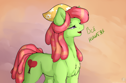 Size: 1990x1305 | Tagged: safe, artist:11-shadow, imported from derpibooru, tree hugger, earth pony, pony, abstract background, bandana, chest fluff, dialogue, ear fluff, female, hat, lidded eyes, mare, open mouth, russian, solo, translated in the comments