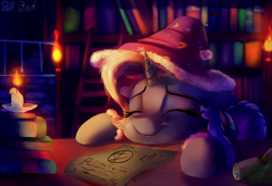 Size: 2000x1369 | Tagged: safe, artist:discorded, artist:pirill, imported from derpibooru, trixie, pony, unicorn, candle, collaboration, cute, diatrixes, female, hat, mare, night, nightcap, paper, sleeping, solo, trixie's nightcap