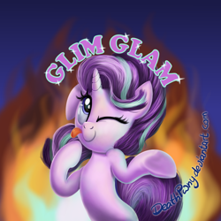 Size: 1024x1024 | Tagged: safe, artist:deathpwny, imported from derpibooru, starlight glimmer, pony, unicorn, cute, female, fire, glim glam, glimmerbetes, one eye closed, silly, silly pony, solo, tongue out, wink