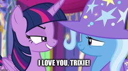 Size: 888x499 | Tagged: safe, edit, edited screencap, imported from derpibooru, screencap, trixie, twilight sparkle, alicorn, pony, no second prances, female, image macro, lesbian, meme, shipping, twilight sparkle (alicorn), twixie