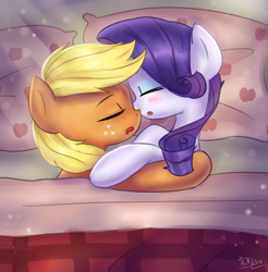 Size: 1560x1586 | Tagged: safe, artist:tcn1205, imported from derpibooru, applejack, rarity, earth pony, pony, unicorn, bed, bedroom, eyes closed, female, hug, lesbian, mare, rarijack, shipping, sleeping, snuggling