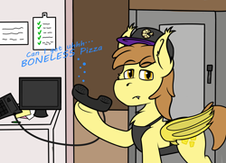 Size: 2000x1450 | Tagged: safe, artist:koonzypony, imported from derpibooru, oc, oc only, oc:stuffed crust, bat pony, pony, annoyed, apron, boneless pizza, clothes, computer, food, hat, meme, phone, pineapple, pineapple pizza, pizza, restaurant