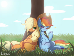 Size: 1400x1050 | Tagged: safe, artist:irenla, imported from derpibooru, applejack, rainbow dash, earth pony, pegasus, pony, accessory swap, appledash, cowboy hat, duo, eyes closed, female, hat, lesbian, mare, relaxing, shipping, smiling, tree