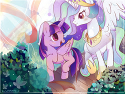 Size: 1024x768 | Tagged: safe, artist:kumikoponylk, imported from derpibooru, princess celestia, twilight sparkle, alicorn, pony, blushing, cloud, eye contact, female, grass, heart eyes, lesbian, looking at each other, mare, shipping, twilestia, twilight sparkle (alicorn), wingding eyes