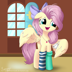 Size: 2000x2000 | Tagged: safe, artist:songbirdserenade, imported from derpibooru, fluttershy, pegasus, pony, alternate hairstyle, bow, clothes, cup, cute, female, hair bow, high res, jewelry, mare, mismatched socks, necklace, shyabetes, socks, solo, striped socks, teacup, wing hands