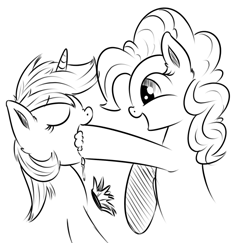 Size: 600x583 | Tagged: dead source, safe, artist:xioade, imported from derpibooru, lyra heartstrings, pinkie pie, pony, cupcake, feeding, fetish, food, force feeding, hoof fetish, hoof in mouth, hoof licking, licking, monochrome, sketch