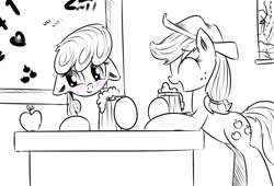 Size: 800x543 | Tagged: dead source, safe, artist:xioade, imported from derpibooru, applejack, cheerilee, earth pony, pony, blushing, cider, classroom, drink, female, floppy ears, mare, monochrome, sketch, table