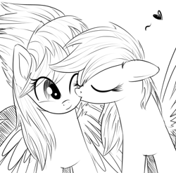 Size: 643x635 | Tagged: dead source, safe, artist:xioade, imported from derpibooru, cloudchaser, rainbow dash, pegasus, pony, female, heart, kissing, lesbian, monochrome, rainbowchaser, shipping, sketch