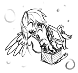 Size: 975x907 | Tagged: dead source, safe, artist:xioade, imported from derpibooru, rainbow dash, scootaloo, pegasus, pony, ^^, box, cute, eyes closed, female, filly, grayscale, hug, mare, monochrome, open mouth, pony in a box, present, scootalove, simple background, sketch, spread wings, white background, wings