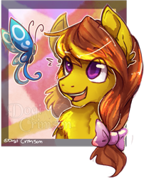 Size: 629x777 | Tagged: safe, artist:dogi-crimson, imported from derpibooru, oc, oc only, oc:honey ella, butterfly, pony, bow, solo