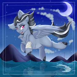 Size: 1600x1600 | Tagged: safe, artist:pvrii, artist:silent-shadow-wolf, imported from derpibooru, oc, oc only, pegasus, pony, female, flying, mare, smiling, solo, water