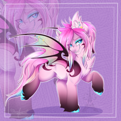 Size: 1600x1600 | Tagged: safe, artist:pvrii, artist:silent-shadow-wolf, imported from derpibooru, oc, oc only, oc:ichigo rum, bat pony, pony, chest fluff, female, mare, open mouth, raised hoof, raised leg, solo