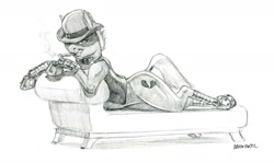 Size: 1500x895 | Tagged: safe, artist:baron engel, imported from derpibooru, oc, oc only, oc:heartbreaker, earth pony, pony, bowler hat, bowtie, cigar, clothes, couch, female, hat, mare, monochrome, pencil drawing, prone, simple background, sketch, smoking, solo, traditional art, white background