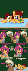Size: 1800x4500 | Tagged: safe, artist:senseidezzy, deleted from derpibooru, imported from derpibooru, scootaloo, oc, oc:lightning blitz, oc:sandy hooves, earth pony, pegasus, pony, comic:ask motherly scootaloo, baby, baby pony, chewing, colt, comic, dialogue, eating, female, hairpin, male, mare, mother and son, motherly scootaloo, mouth hold, offspring, older, older scootaloo, parent:rain catcher, parent:scootaloo, parents:catcherloo, speech bubble, sweatshirt, teething ring, toy