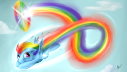 Size: 4096x2304 | Tagged: safe, artist:julunis14, imported from derpibooru, rainbow dash, pegasus, pony, cute, dashabetes, female, filly, flying, sky, smiling, solo, sonic rainboom, wallpaper