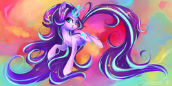 Size: 3464x1732 | Tagged: safe, artist:wilvarin-liadon, imported from derpibooru, starlight glimmer, pony, unicorn, female, impossibly long hair, impossibly long tail, long mane, long tail, mare, rainbow power, smiling, solo