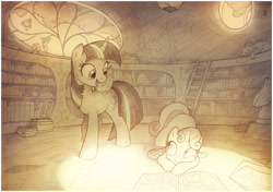 Size: 2777x1951 | Tagged: safe, artist:sherwoodwhisper, imported from derpibooru, owlowiscious, spike, sweetie belle, twilight sparkle, bird, dragon, mouse, pony, snail, unicorn, book, comic book, female, filly, golden oaks library, library, male, mare, monochrome, reading, sleeping, smiling, traditional art