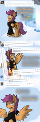 Size: 750x2250 | Tagged: safe, artist:conmanwolf, imported from derpibooru, scootaloo, pegasus, pony, ask factory scootaloo, clothes, cloudsdale, comic, factory scootaloo