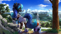 Size: 1920x1080 | Tagged: safe, artist:discordthege, imported from derpibooru, oc, oc only, oc:leona onyx mercury, crystal pony, pony, armor, commission, crystal empire, crystal guard, crystal guard armor, female, guardsmare, mare, royal guard, scenery, scenery porn, solo