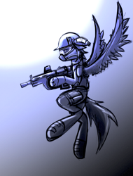 Size: 1197x1576 | Tagged: safe, artist:fenixdust, imported from derpibooru, oc, oc only, pegasus, pony, clothes, flying, goggles, gun, helmet, monochrome, sketch, soldier, solo, weapon