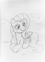 Size: 2550x3506 | Tagged: safe, artist:otakuponi, imported from derpibooru, fluttershy, pegasus, pony, female, folded wings, grayscale, head turn, lying down, monochrome, prone, smiling, solo, traditional art, turned head