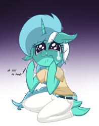 Size: 1100x1400 | Tagged: safe, artist:dragonpone, derpibooru exclusive, imported from derpibooru, lyra heartstrings, anthro, unguligrade anthro, unicorn, arm hooves, cheek fluff, clothes, crying, ear fluff, female, floppy ears, frown, gradient background, kneeling, mare, messy hair, pants, sad, shaking, shirt, shivering, solo, t-shirt, teary eyes, text, that pony sure does love hands, underhoof, vulgar, wavy mouth