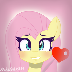 Size: 1000x1000 | Tagged: safe, artist:nuke928, imported from derpibooru, fluttershy, pegasus, pony, blushing, bust, cute, female, heart, looking at you, mare, portrait, shyabetes, smiling, solo