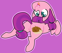 Size: 1672x1440 | Tagged: safe, artist:/d/non, imported from derpibooru, lily longsocks, earth pony, hedgehog, pony, 30 minute art challenge, backbend, butt, featureless crotch, female, flexible, happy, looking back, pigtails, plot, prone, purple background, simple background, smiling, solo, sploot, upside down face
