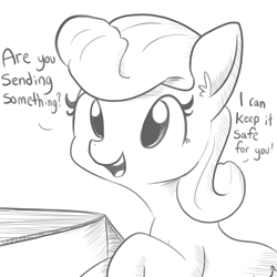 Size: 1584x1584 | Tagged: safe, artist:tjpones, imported from derpibooru, oc, oc only, oc:packing peanuts, earth pony, object pony, original species, pony, amazon.com, box, cardboard box, cute, cutie mark, dialogue, ear fluff, female, grayscale, i can't believe it's not badumsquish, mare, monochrome, open mouth, packing peanuts, ponified, simple background, sketch, smiling, solo, white background