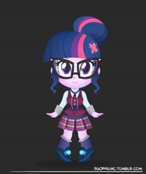 Size: 790x946 | Tagged: safe, artist:egophiliac, imported from derpibooru, sci-twi, twilight sparkle, equestria girls, chibi, clothes, crystal prep academy uniform, cute, female, looking at you, outfit, school uniform, skirt, smiling, solo, twiabetes