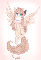 Size: 900x1306 | Tagged: safe, artist:chimeeri, imported from derpibooru, oc, oc only, pegasus, pony, abstract background, bow, hair bow, mouth hold, pegasus oc, sign, solo, wings