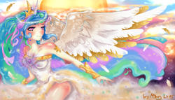 Size: 1024x586 | Tagged: dead source, safe, artist:miniiming, imported from derpibooru, princess celestia, human, breasts, clothes, dress, female, horned humanization, humanized, regalia, shoulderless, solo, winged humanization, wings