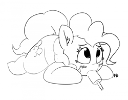 Size: 1280x1000 | Tagged: safe, artist:pabbley, imported from derpibooru, pinkie pie, earth pony, pony, 30 minute art challenge, blushing, ear fluff, female, food, mare, monochrome, popsicle, prone, simple background, solo, suggestive eating, white background