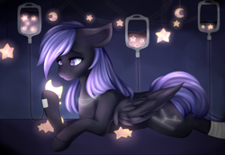 Size: 2684x1850 | Tagged: safe, artist:dusty-onyx, artist:dustyonyx, imported from derpibooru, oc, oc only, oc:starry night, pegasus, pony, female, floppy ears, fog, iv, iv bags, prone, solo, stars, tape