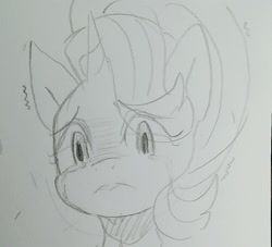 Size: 998x905 | Tagged: safe, artist:maren, imported from derpibooru, starlight glimmer, pony, unicorn, bust, crying, doodle, female, frown, monochrome, portrait, shivering, solo, traditional art