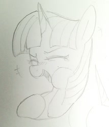 Size: 947x1105 | Tagged: safe, artist:maren, imported from derpibooru, twilight sparkle, pony, bust, doodle, female, laughing, mare, monochrome, open mouth, solo, traditional art