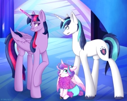 Size: 2001x1589 | Tagged: safe, artist:mailner, imported from derpibooru, princess flurry heart, shining armor, twilight sparkle, alicorn, lamb, pony, sheep, unicorn, :p, angry, aunt and niece, best aunt ever, brother and sister, card, castle, cloven hooves, crystal, cute, eye contact, father and daughter, female, filly, floppy ears, fluffy, flurrybetes, glare, glowing horn, grin, hearthstone, looking at each other, looking up, magic, male, mare, nervous, open mouth, polymorph, raised hoof, sheepish grin, shining armor is not amused, sitting, smiling, sparkles, species swap, spell, spell gone wrong, spread wings, stallion, stealth pun, this will end in tears, tongue out, transformation, twilight sparkle (alicorn), unamused, warcraft, wings, worst aunt ever