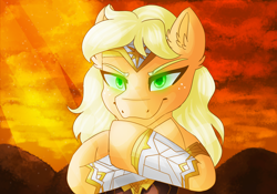 Size: 4000x2800 | Tagged: safe, artist:meownimator, imported from derpibooru, applejack, earth pony, pony, crossover, dc comics, female, glowing eyes, green eyes, hatless, mare, missing accessory, smiling, smirk, wonder woman, wonderjack