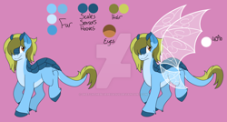 Size: 1024x549 | Tagged: safe, artist:sketchthebluepegasus, imported from derpibooru, oc, oc only, oc:mossy stone, original species, pony, skimmer, female, reference sheet, solo, watermark