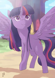 Size: 1000x1414 | Tagged: safe, artist:yanamosuda, imported from derpibooru, twilight sparkle, alicorn, pony, cute, female, mare, outdoors, solo, spread wings, twiabetes, twilight sparkle (alicorn), twilight's castle, wings