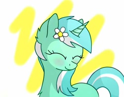 Size: 650x512 | Tagged: safe, artist:skypony14, imported from derpibooru, lyra heartstrings, pony, unicorn, abstract background, blushing, chest fluff, ear fluff, eyes closed, female, flower, flower in hair, mare, smiling, solo